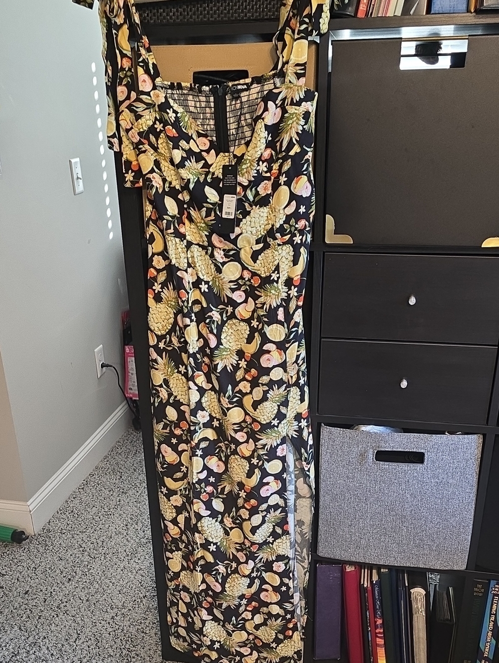 Fashion Nova Black Maxi Skirt with Yellow Pineapple & Pink Floral Print